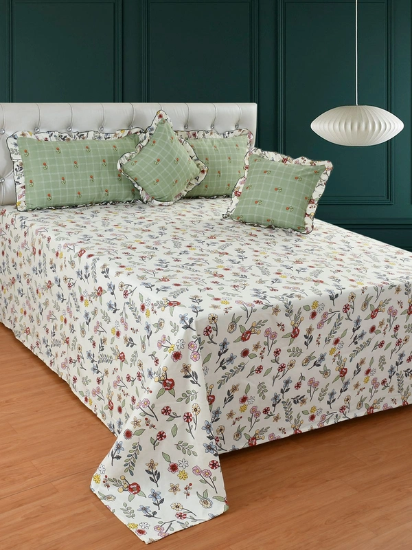 MORADO Glace Cotton 5 Pcs Frill Bedding Set | Double Bed Size Bedsheet With 2 Pillow Covers And 2 Filled Cushions (108x108 Inches - Off White) - 108x108 Inches, Offwhite