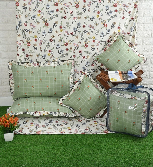 MORADO Glace Cotton 5 Pcs Frill Bedding Set | Double Bed Size Bedsheet With 2 Pillow Covers And 2 Filled Cushions (108x108 Inches - Off White) - 108x108 Inches, Offwhite