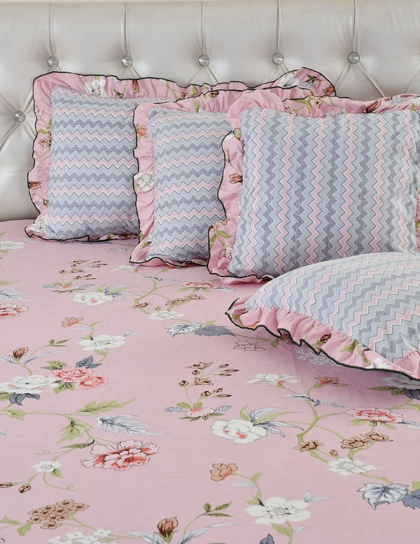 MORADO Glace Cotton 5 Pcs Frill Bedding Set | Double Bed Size Bedsheet With 2 Pillow Covers And 2 Filled Cushions (108x108 Inches - Pink) - 108x108 Inches, Pink
