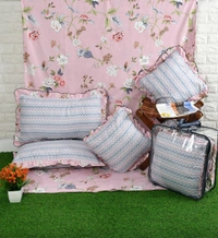 MORADO Glace Cotton 5 Pcs Frill Bedding Set | Double Bed Size Bedsheet With 2 Pillow Covers And 2 Filled Cushions (108x108 Inches - Pink) - 108x108 Inches, Pink