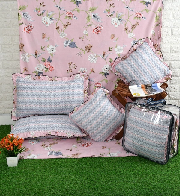 MORADO Glace Cotton 5 Pcs Frill Bedding Set | Double Bed Size Bedsheet With 2 Pillow Covers And 2 Filled Cushions (108x108 Inches - Pink) - 108x108 Inches, Pink