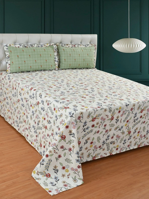 MORADO Glace Cotton King Size Bedsheet with 2 Pillow Covers with Frill (108x108, Inches) - 108x108 Inches, Offwhite