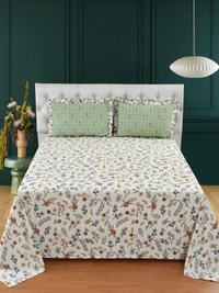 MORADO Glace Cotton King Size Bedsheet with 2 Pillow Covers with Frill (108x108, Inches) - 108x108 Inches, Offwhite