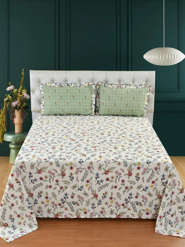 MORADO Glace Cotton King Size Bedsheet with 2 Pillow Covers with Frill (108x108, Inches) - 108x108 Inches, Offwhite