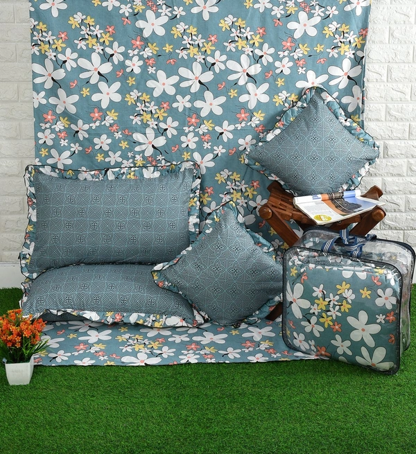 MORADO Glace Cotton 5 Pcs Frill Bedding Set | Double Bed Size Bedsheet With 2 Pillow Covers And 2 Filled Cushions (108x108 Inches - Blue) - 108x108 Inches, Blue