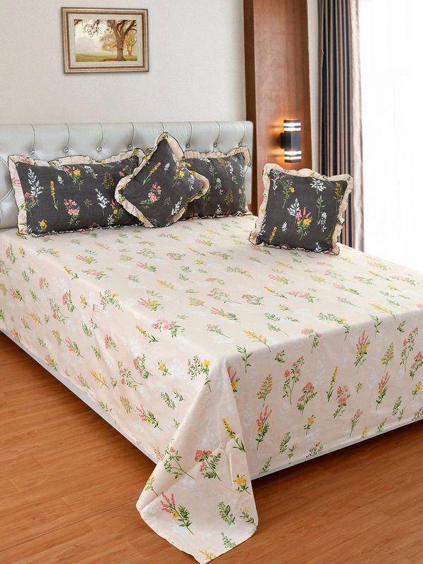 MORADO Glace Cotton 5 Pcs Frill Bedding Set | Double Bed Size Bedsheet With 2 Pillow Covers And 2 Filled Cushions (108x108 Inches - Light Peach - 108x108 Inches, Light Peach