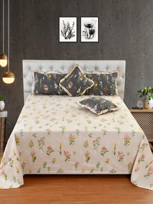 MORADO Glace Cotton 5 Pcs Frill Bedding Set | Double Bed Size Bedsheet With 2 Pillow Covers And 2 Filled Cushions (108x108 Inches - Light Peach - 108x108 Inches, Light Peach