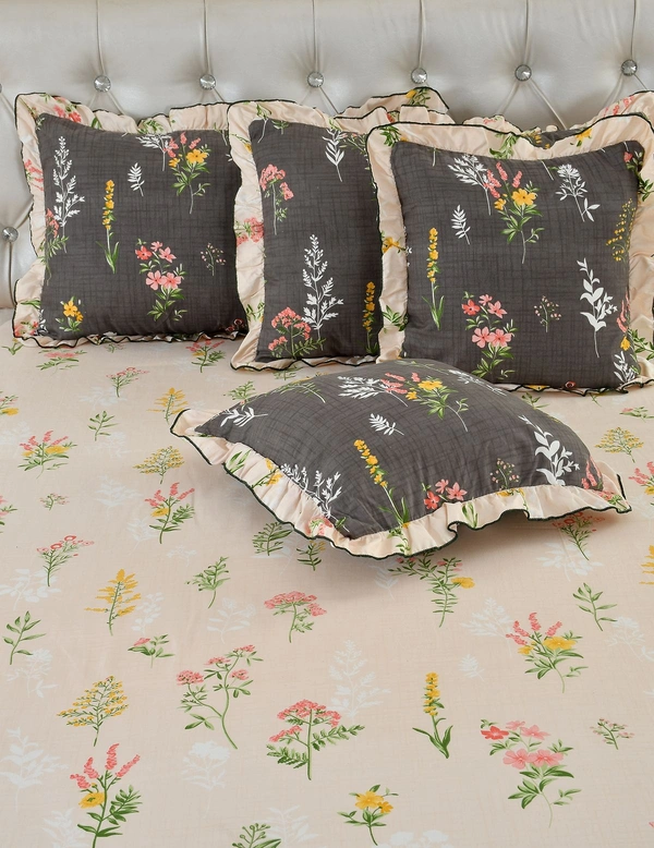 MORADO Glace Cotton 5 Pcs Frill Bedding Set | Double Bed Size Bedsheet With 2 Pillow Covers And 2 Filled Cushions (108x108 Inches - Light Peach - 108x108 Inches, Light Peach