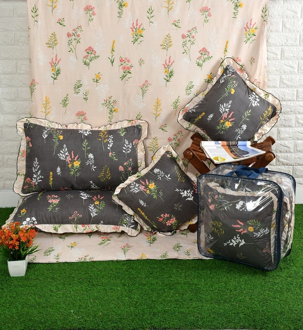 MORADO Glace Cotton 5 Pcs Frill Bedding Set | Double Bed Size Bedsheet With 2 Pillow Covers And 2 Filled Cushions (108x108 Inches - Light Peach - 108x108 Inches, Light Peach