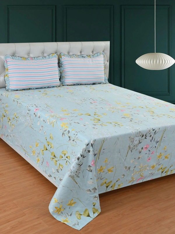 MORADO Glace Cotton King Size Bedsheet with 2 Pillow Covers with Frill (108x108, Inches) - 108x108 Inches, Blue