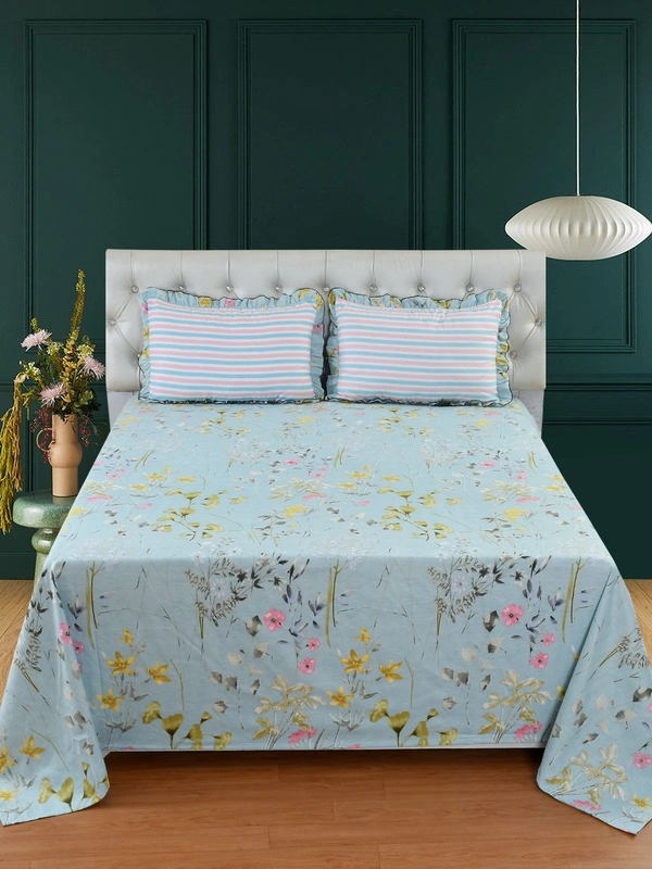 MORADO Glace Cotton King Size Bedsheet with 2 Pillow Covers with Frill (108x108, Inches) - 108x108 Inches, Blue