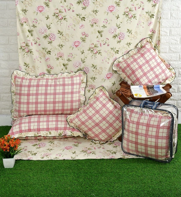 MORADO Glace Cotton 5 Pcs Frill Bedding Set | Double Bed Size Bedsheet With 2 Pillow Covers And 2 Filled Cushions (108x108 Inches - Off White) - 108x108 Inches, Off White