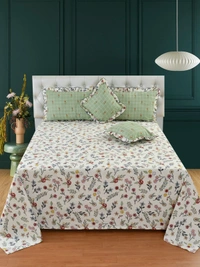 MORADO Glace Cotton 5 Pcs Frill Bedding Set | Double Bed Size Bedsheet With 2 Pillow Covers And 2 Filled Cushions (108x108 Inches - Off White) - 108x108 Inches, Offwhite