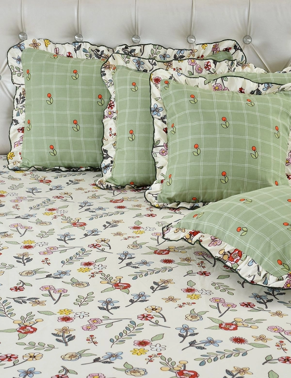 MORADO Glace Cotton 5 Pcs Frill Bedding Set | Double Bed Size Bedsheet With 2 Pillow Covers And 2 Filled Cushions (108x108 Inches - Off White) - 108x108 Inches, Offwhite