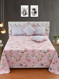 MORADO Glace Cotton 5 Pcs Frill Bedding Set | Double Bed Size Bedsheet With 2 Pillow Covers And 2 Filled Cushions (108x108 Inches - Pink ) - 108x108 Inches, Pink