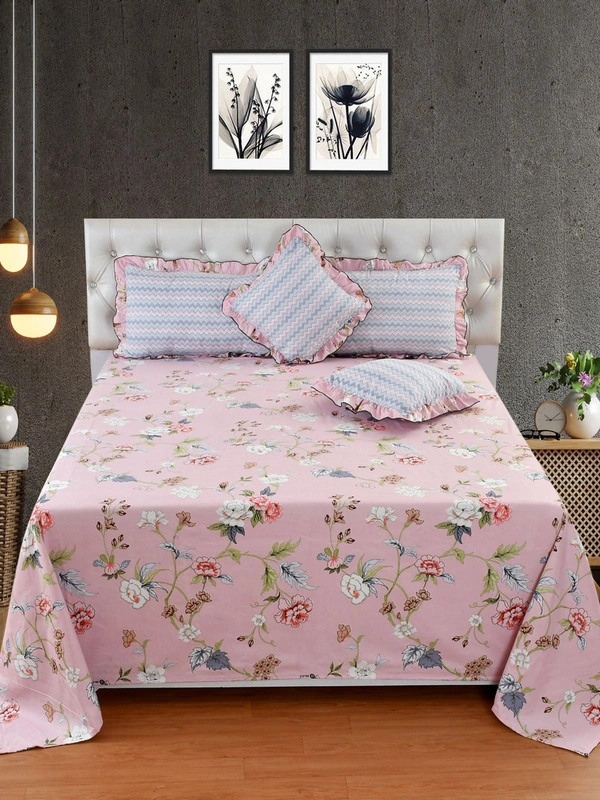 MORADO Glace Cotton 5 Pcs Frill Bedding Set | Double Bed Size Bedsheet With 2 Pillow Covers And 2 Filled Cushions (108x108 Inches - Pink ) - 108x108 Inches, Pink