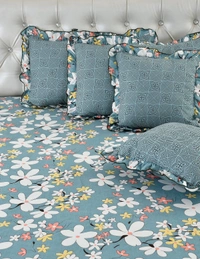 MORADO Glace Cotton 5 Pcs Frill Bedding Set | Double Bed Size Bedsheet With 2 Pillow Covers And 2 Filled Cushions (108x108 Inches - Blue) - 108x108 Inches, Blue