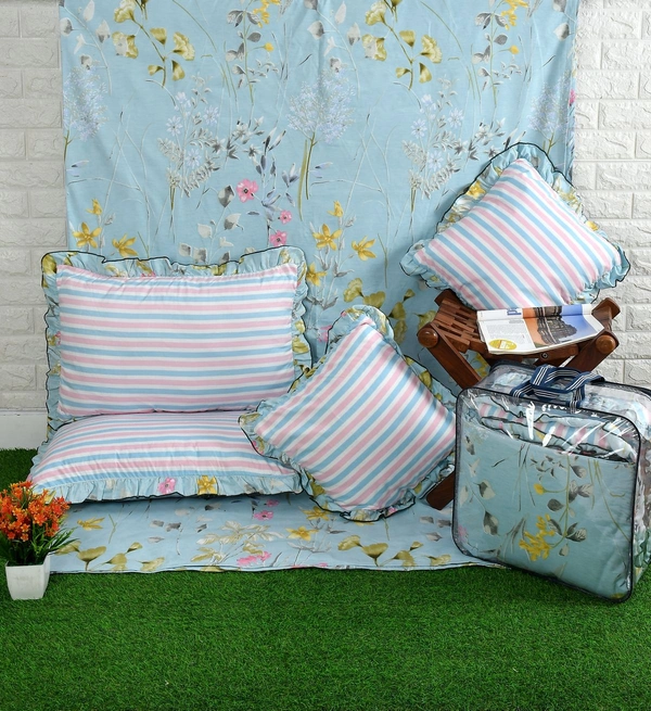 MORADO Glace Cotton 5 Pcs Frill Bedding Set | Double Bed Size Bedsheet With 2 Pillow Covers And 2 Filled Cushions (108x108 Inches - Blue) - 108x108 Inches, Blue