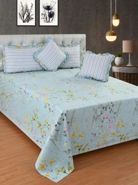 MORADO Glace Cotton 5 Pcs Frill Bedding Set | Double Bed Size Bedsheet With 2 Pillow Covers And 2 Filled Cushions (108x108 Inches - Blue) - 108x108 Inches, Blue