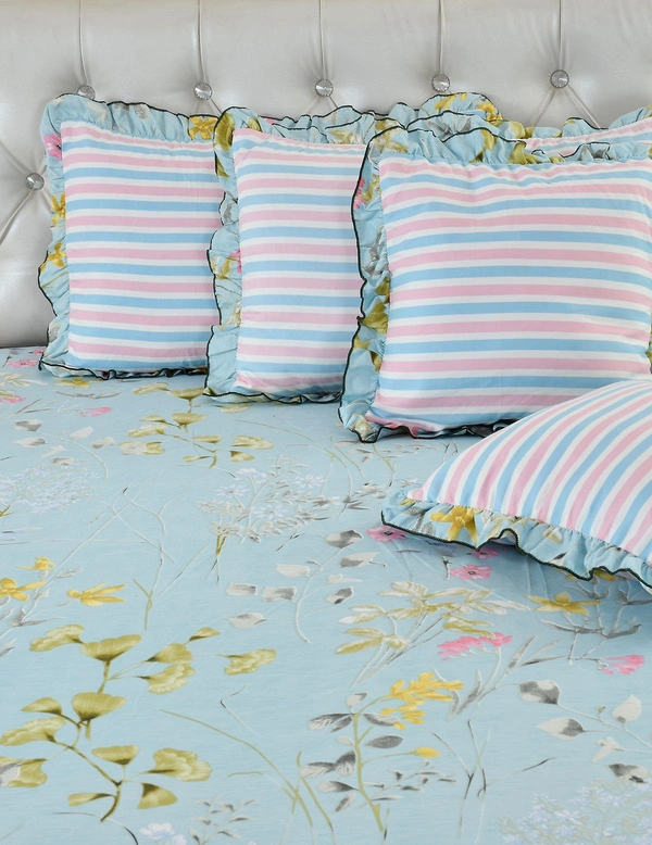 MORADO Glace Cotton 5 Pcs Frill Bedding Set | Double Bed Size Bedsheet With 2 Pillow Covers And 2 Filled Cushions (108x108 Inches - Blue) - 108x108 Inches, Blue