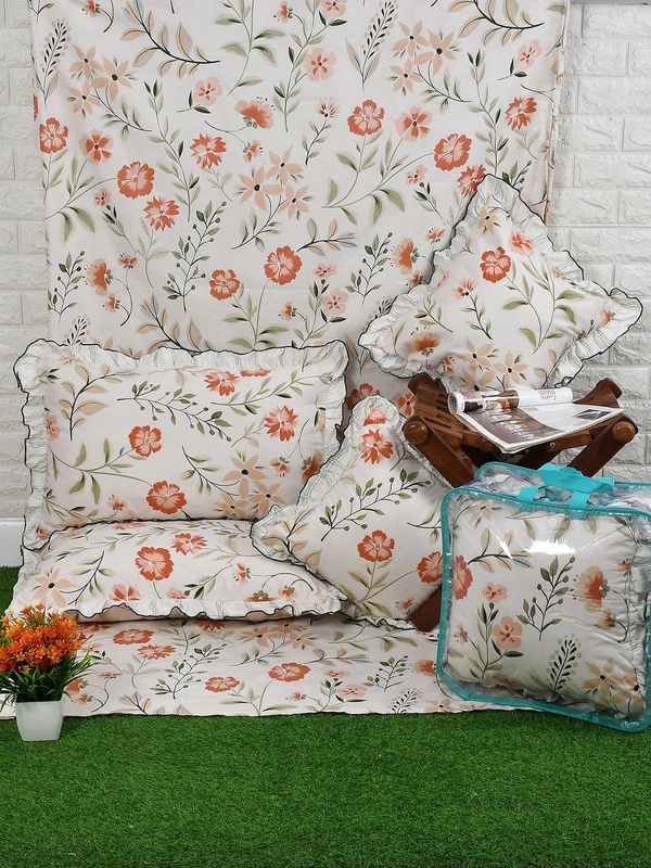 MORADO Glaace Cotton 5 Pcs Frill Bedding Set | Double Bed Size Bedsheet with 2 Pillow Covers and 2 Filled Cushions (90x100 Inches - Offwhite) - 90x100 Inches, Offwhite