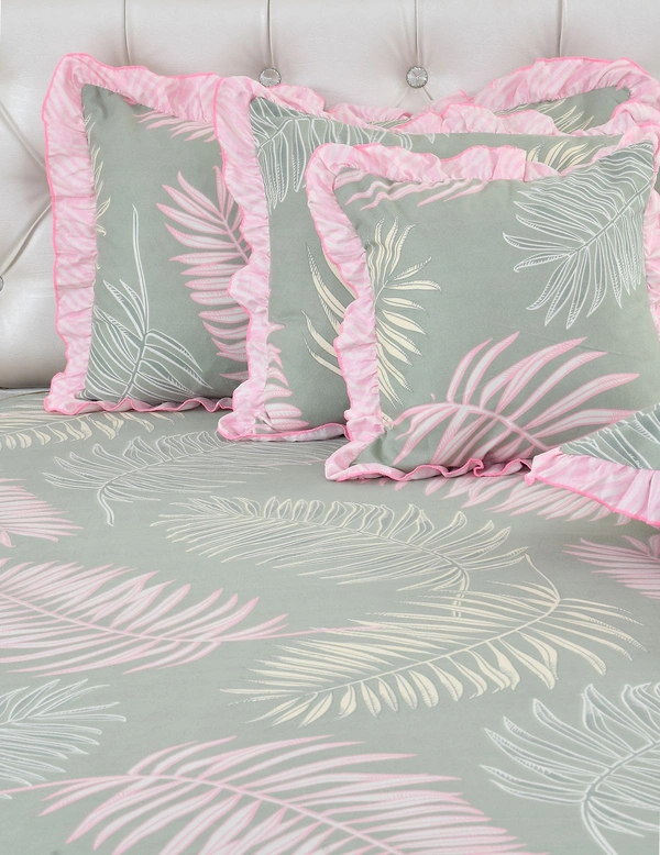 MORADO Glace Cotton 5 Pcs Frill Bedding Set | Double Bed Size Bedsheet with 2 Pillow Covers and 2 Filled Cushions (90x100 Inches - Green) - 90x100 Inches, Green