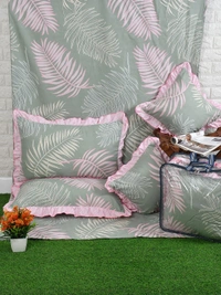 MORADO Glace Cotton 5 Pcs Frill Bedding Set | Double Bed Size Bedsheet with 2 Pillow Covers and 2 Filled Cushions (90x100 Inches - Green) - 90x100 Inches, Green