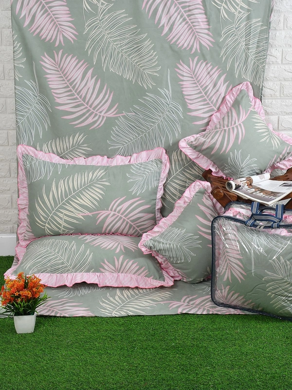 MORADO Glace Cotton 5 Pcs Frill Bedding Set | Double Bed Size Bedsheet with 2 Pillow Covers and 2 Filled Cushions (90x100 Inches - Green) - 90x100 Inches, Green