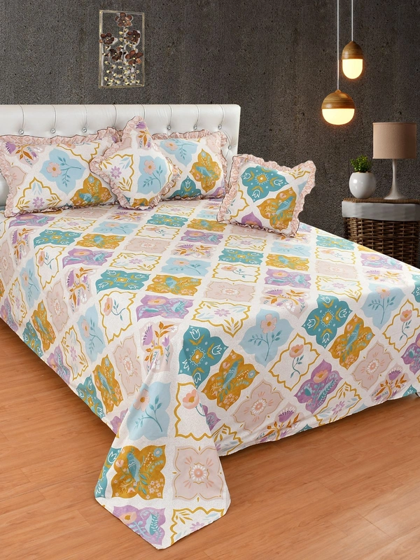 MORADO Glace Cotton 5 Pcs Frill Bedding Set | Double Bed Size Bedsheet with 2 Pillow Covers and 2 Filled Cushions (90x100 Inches - Purple) - 90x100 Inches, Puprle