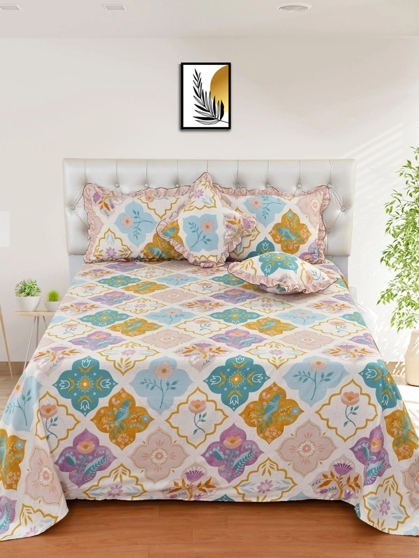 MORADO Glace Cotton 5 Pcs Frill Bedding Set | Double Bed Size Bedsheet with 2 Pillow Covers and 2 Filled Cushions (90x100 Inches - Purple) - 90x100 Inches, Puprle