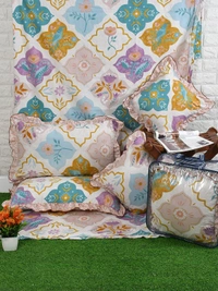 MORADO Glace Cotton 5 Pcs Frill Bedding Set | Double Bed Size Bedsheet with 2 Pillow Covers and 2 Filled Cushions (90x100 Inches - Purple) - 90x100 Inches, Puprle