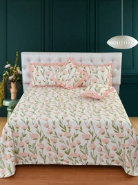 MORADO Glace Cotton 5 Pcs Frill Bedding Set | Double Bed Size Bedsheet with 2 Pillow Covers and 2 Filled Cushions (90x100 Inches - Off White) - 90x100 Inches, Offwhite