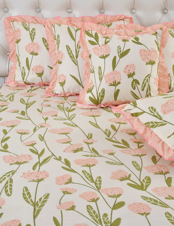 MORADO Glace Cotton 5 Pcs Frill Bedding Set | Double Bed Size Bedsheet with 2 Pillow Covers and 2 Filled Cushions (90x100 Inches - Off White) - 90x100 Inches, Offwhite