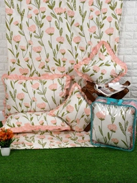 MORADO Glace Cotton 5 Pcs Frill Bedding Set | Double Bed Size Bedsheet with 2 Pillow Covers and 2 Filled Cushions (90x100 Inches - Off White) - 90x100 Inches, Offwhite