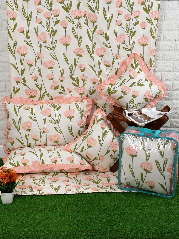 MORADO Glace Cotton 5 Pcs Frill Bedding Set | Double Bed Size Bedsheet with 2 Pillow Covers and 2 Filled Cushions (90x100 Inches - Off White) - 90x100 Inches, Offwhite