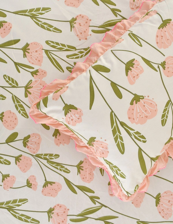 MORADO Glace Cotton 5 Pcs Frill Bedding Set | Double Bed Size Bedsheet with 2 Pillow Covers and 2 Filled Cushions (90x100 Inches - Off White) - 90x100 Inches, Offwhite