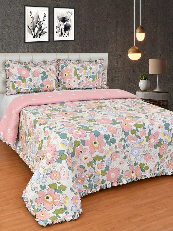 MORADO Poly Cotton Luxury Ultrasonic Printed Lightweight All Season Bedspreads/Quilted Bed Cover With 2 King Size Pillow Covers - (90x100 inches - Pink) - 90x100 Inches, Pink