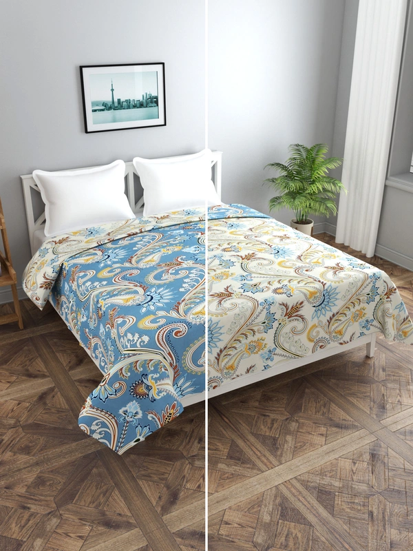 MORADO Glace Cotton Double Bed King Size Reversible Quilt Cover/Duvet Cover/Rajai Cover/Blanket Cover with Zipper (90 X 100 Inches, Blue & White) - 90x100 Inches, Blue