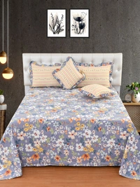 MORADO Glace Cotton 5 Pcs Frill Bedding Set | Double Bed Size Bedsheet with 2 Pillow Covers and 2 Filled Cushions (108x108 Inches - Grey) - 108x108 Inches, Grey