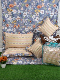 MORADO Glace Cotton 5 Pcs Frill Bedding Set | Double Bed Size Bedsheet with 2 Pillow Covers and 2 Filled Cushions (108x108 Inches - Grey) - 108x108 Inches, Grey