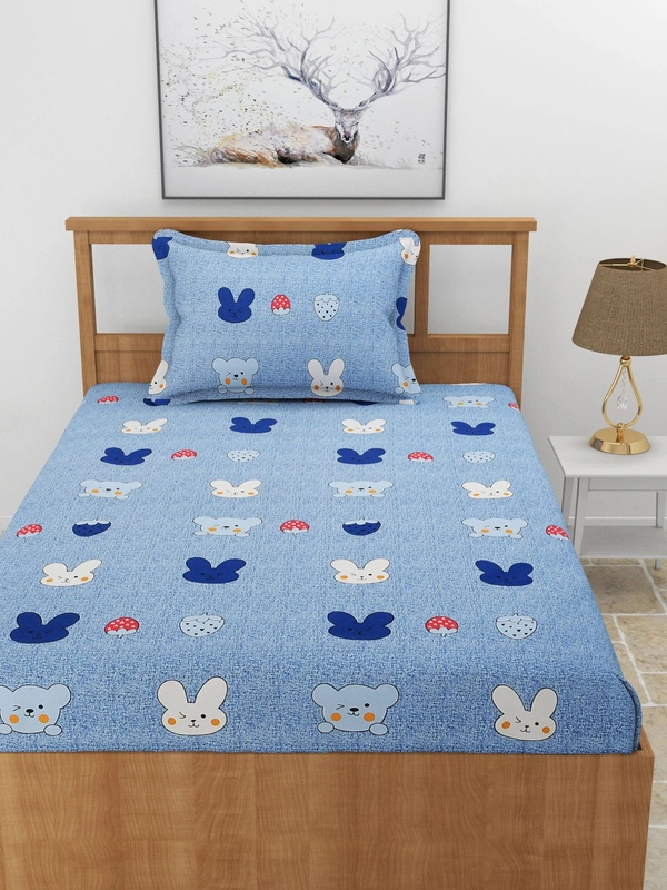 MORADO Premium Casement CottonElastic Fitted Single Bedsheet with 1 Pillow Cover (36x72x8 Inches) - Blue