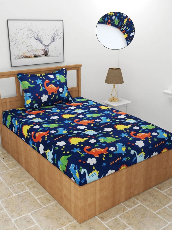 MORADO Premium Glace Cotton Elastic Fitted Single Bedsheet with 1 Pillow Cover (36x72x8 Inches) - Blue