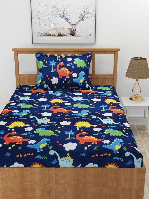 MORADO Premium Glace Cotton Elastic Fitted Single Bedsheet with 1 Pillow Cover (36x72x8 Inches) - Blue