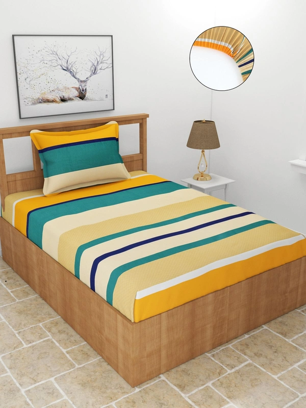 MORADO Premium Glace Cotton Elastic Fitted Single Bedsheet with 1 Pillow Cover (36x72x8 Inches) - Multicolor