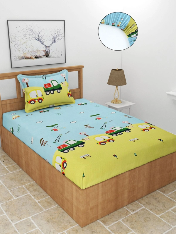 MORADO Premium Glace Cotton Elastic Fitted Single Bedsheet with 1 Pillow Cover (36x72x8 Inches) - Yellow