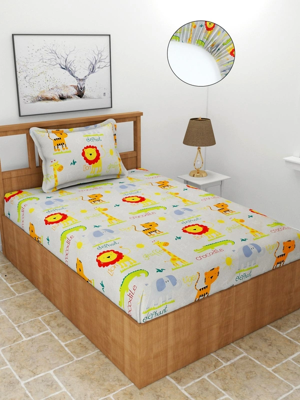 MORADO Premium Glace Cotton Elastic Fitted Single Bedsheet with 1 Pillow Cover (36x72x8 Inches) - Offwhite