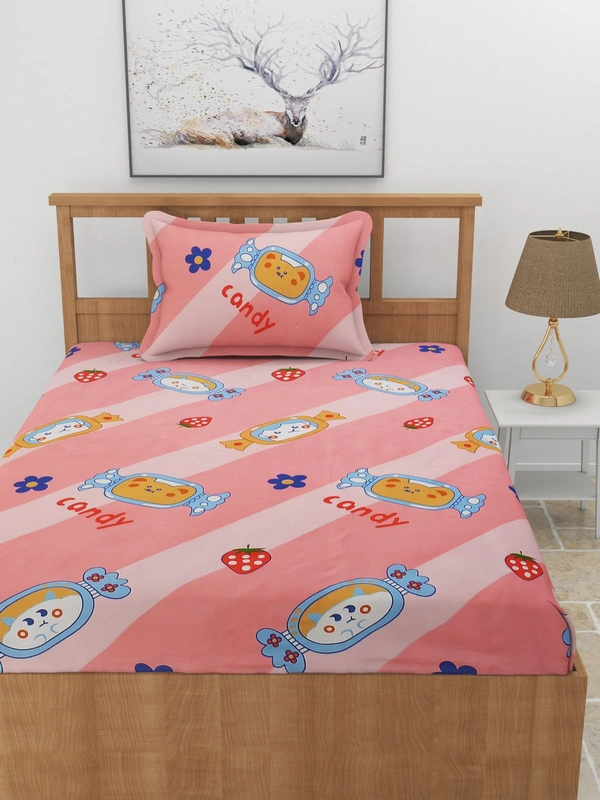 MORADO Premium Glace Cotton Single Bedsheet with 1 King Size Pillow Cover (60x90 Inches) - Pink