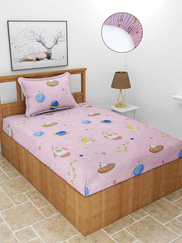 MORADO Premium Glace Cotton Elastic Fitted Single Bedsheet with 1 Pillow Cover (36x72x8 Inches) - Pink