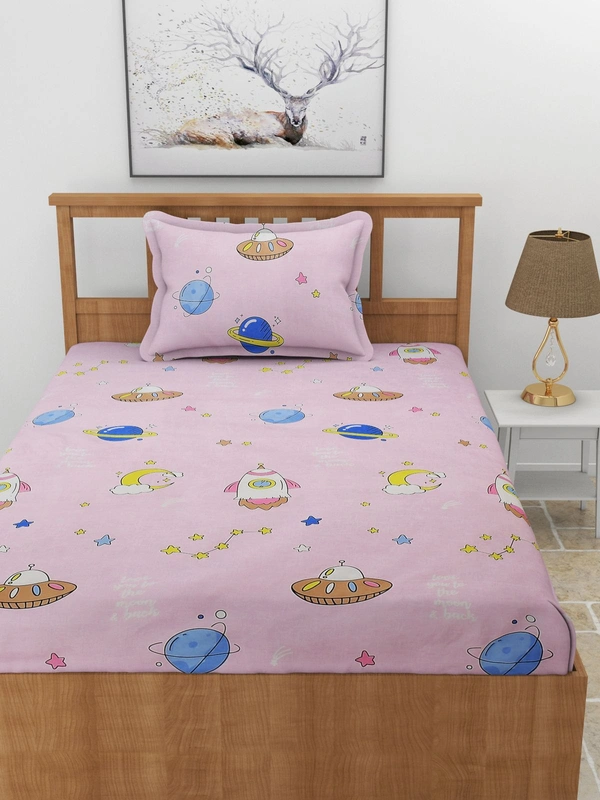 MORADO Premium Glace Cotton Elastic Fitted Single Bedsheet with 1 Pillow Cover (36x72x8 Inches) - Pink