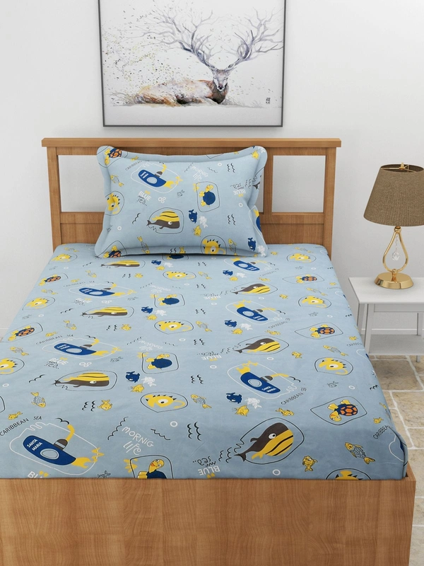 MORADO Premium Glace Cotton Single Bedsheet with 1 King Size Pillow Cover (60x90 Inches) - Blue